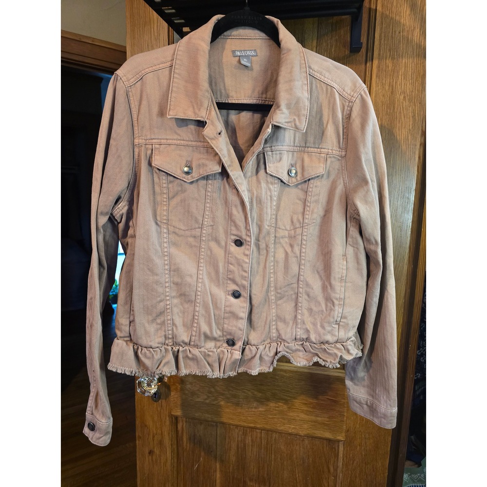 Falls Creek Denim Jacket XL Light Mauve Ruffle Raw Hem Herringbone Trucker Coat